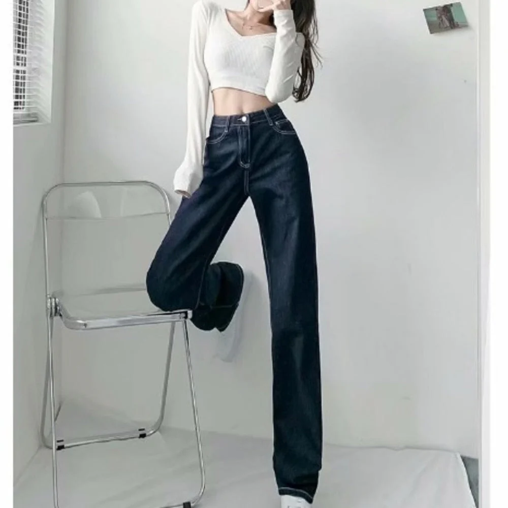 deanwangkt Women Pant Woman Jeans High Waist Denim Pants Wide Leg Denim Clothing Blue Jeans Vintage Quality  Fashion Straight Pants - Deanwangkt