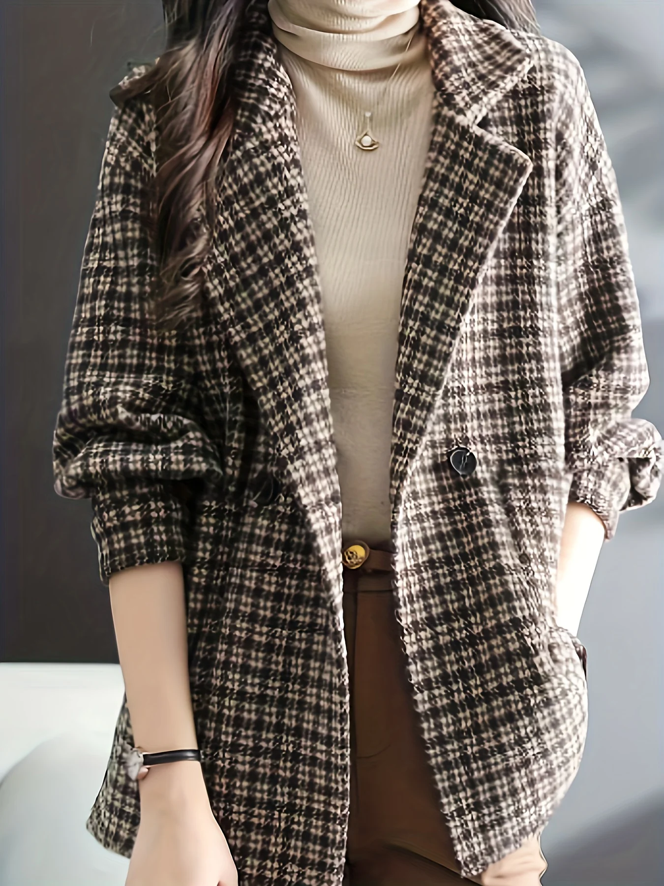 Plaid Lapel Coat, Casual Open Front Long Sleeve Versatile Outerwear, Women's Clothing - Deanwangkt