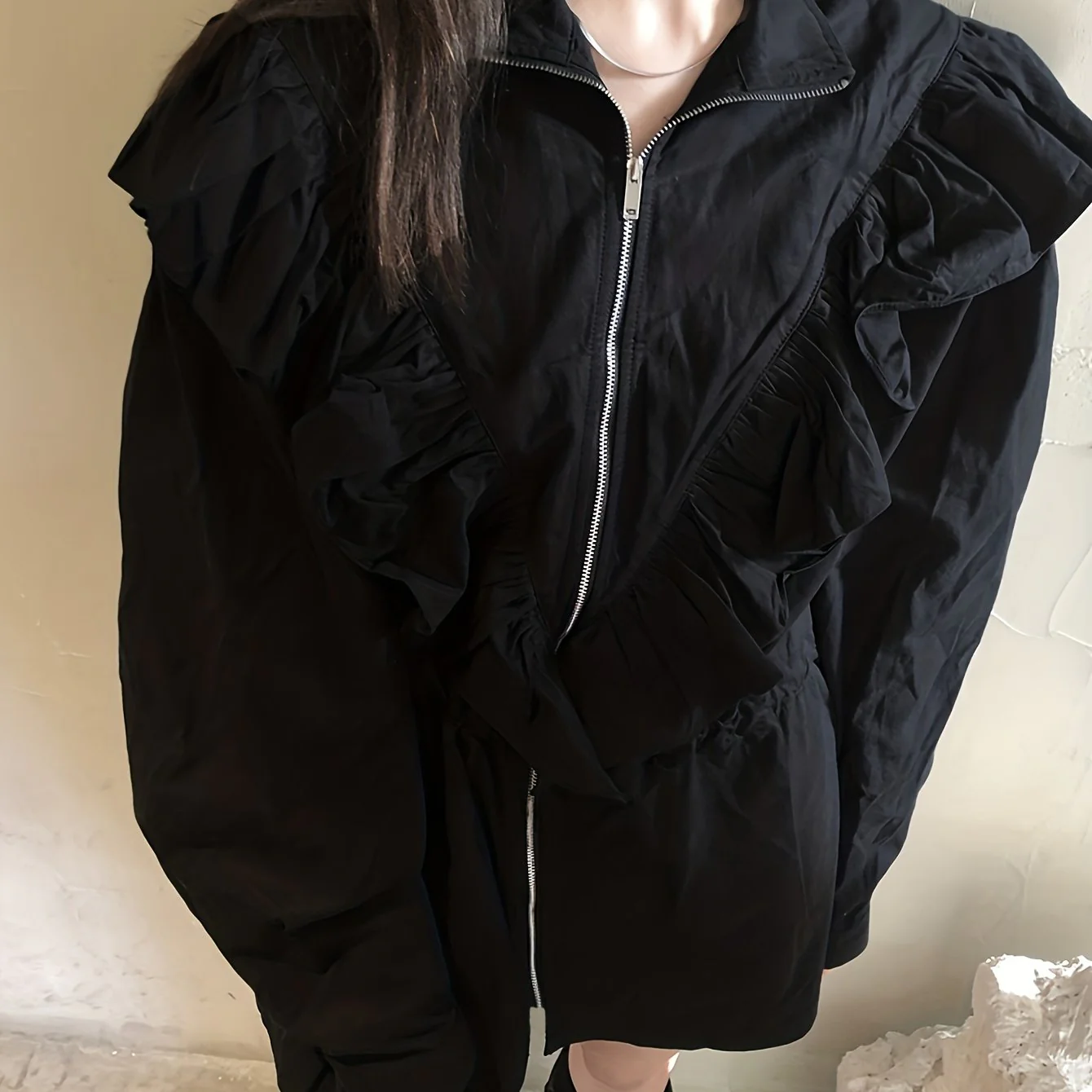 deanwangkt Ruffle Trim Solid Zipper Blouse, Casual Long Sleeve Versatile Blouse, Women's Clothing - Deanwangkt