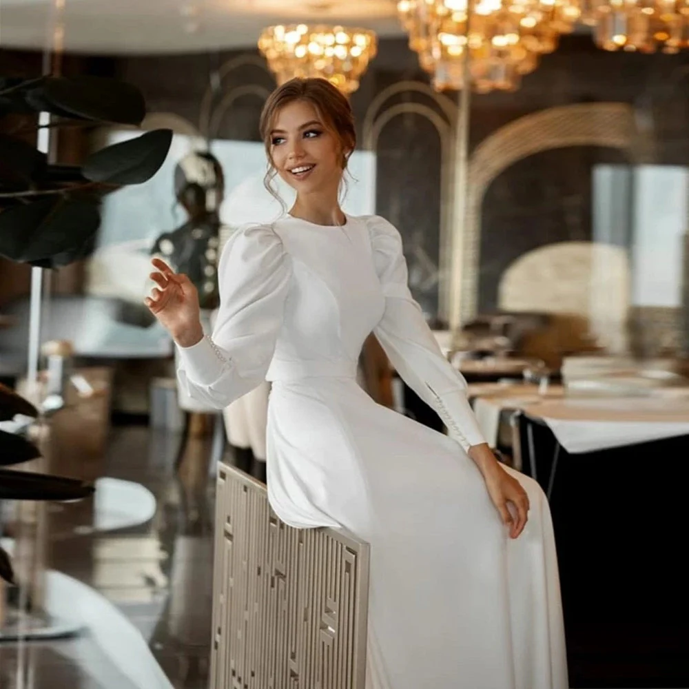 Soft Satin Wedding Dresses  Elegant O Neck Long Sleeves Muslim Sweep Train Bridal Gowns Vestido De Noiva Plus Size - Deanwangkt