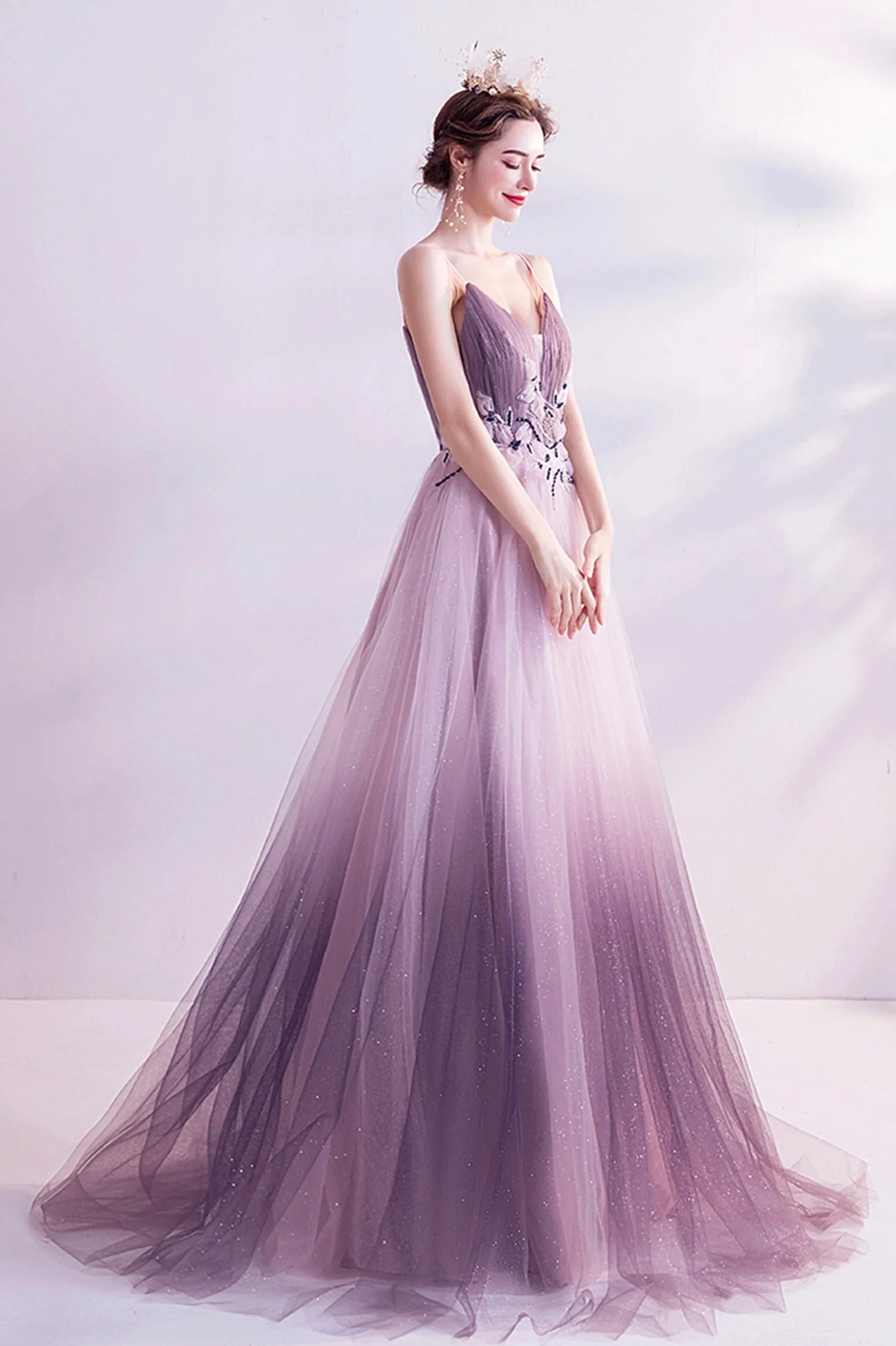 solvbao Purple Tulle Sequins Long Prom Dresses, A-Line Evening Dresses - Deanwangkt