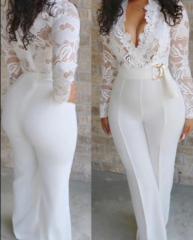 deanwangkt  Jumpsuit Women Overalls Party Lace Rompers White Bodysuit Long Sleeve V-neck Long Pants Y2k Elegant Autumn Spring Outfits Work - Deanwangkt