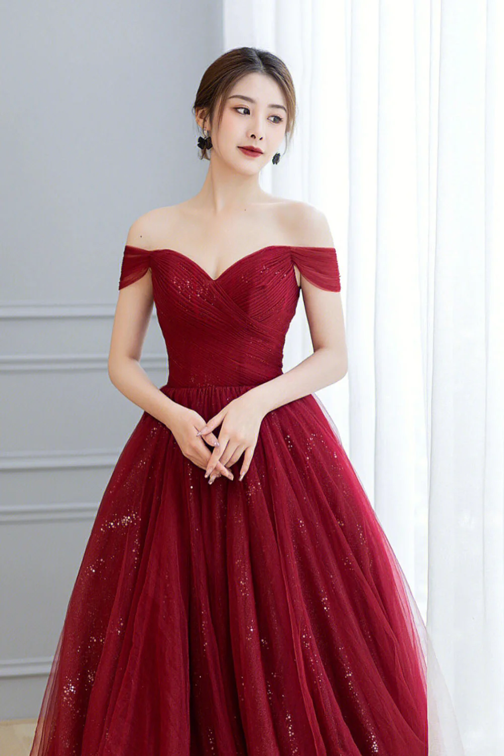 solvbao Burgundy Tulle Long Prom Dress, A-Line Off the Shoulder Evening Dress - Deanwangkt