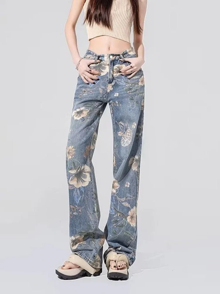 deanwangkt Street Printed Jeans, Female Niche Design, Trendy Vibe High Waisted Drape, Straight Leg Wide Leg Long Pants, Women's Jeans - Deanwangkt
