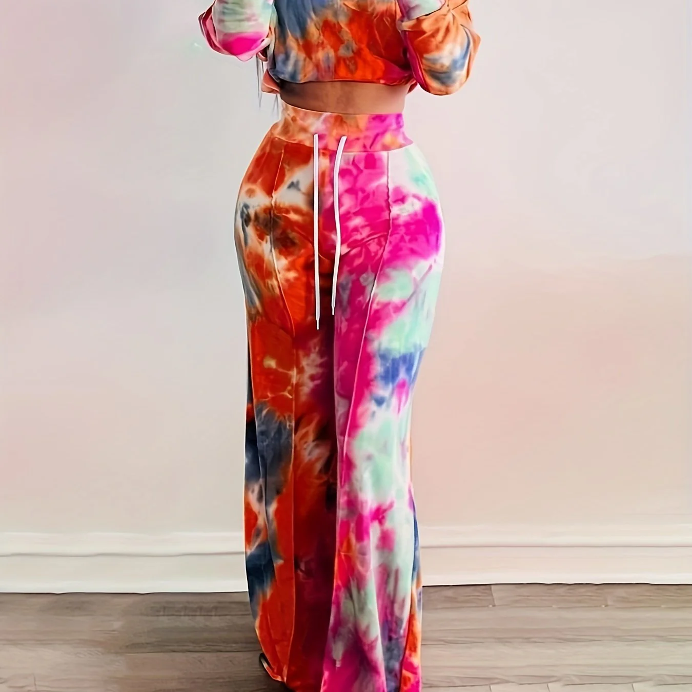 Casual Tie Dye Two-piece Set, Long Sleeve Crop Top & Drawstring Wide Leg Pants Outfits, Women's Clothing - Deanwangkt