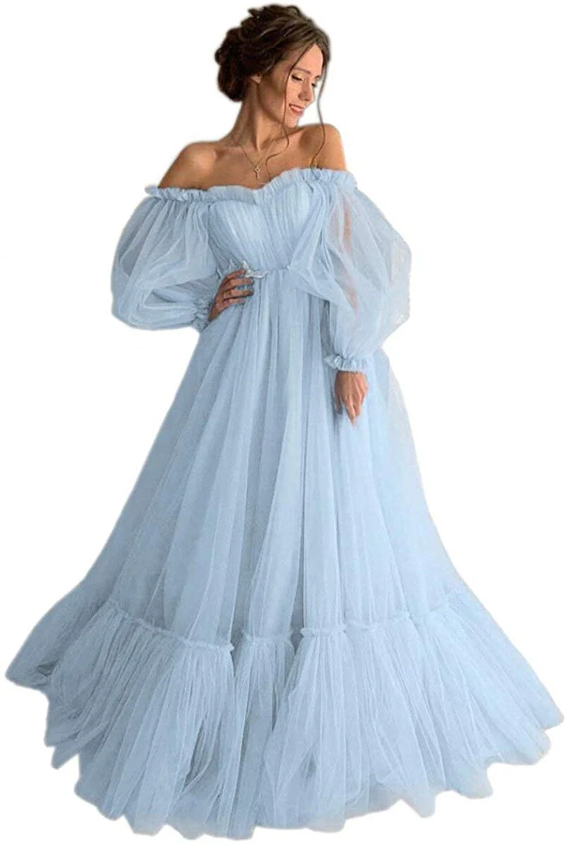 LORIE Blue Prom Dresses Long Sleeve Off the Shoulder Princess Dress  Tulle Lace-up Formal Evening Party Dresses Plus Size - Deanwangkt