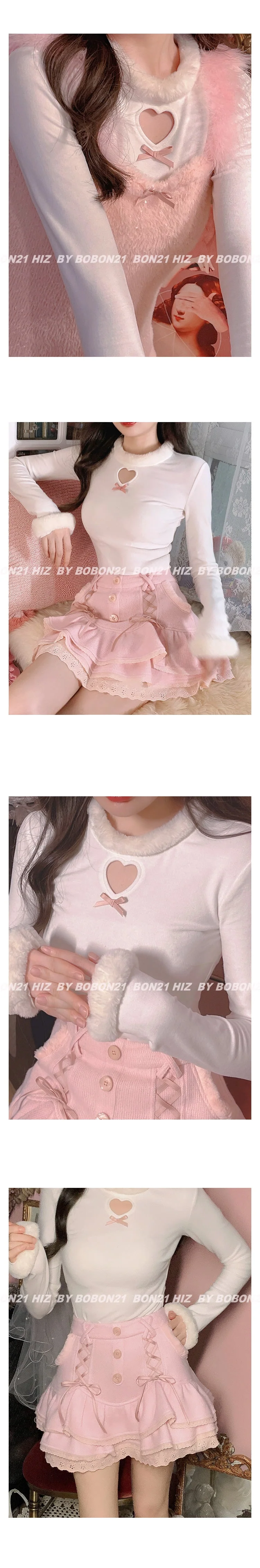 Japanese Pink Sweet Lolita Blouse Women Winter Warm Kawaii Knitted Blouse Female Long Sleeve Tops Korean Style Clothing  New - Deanwangkt