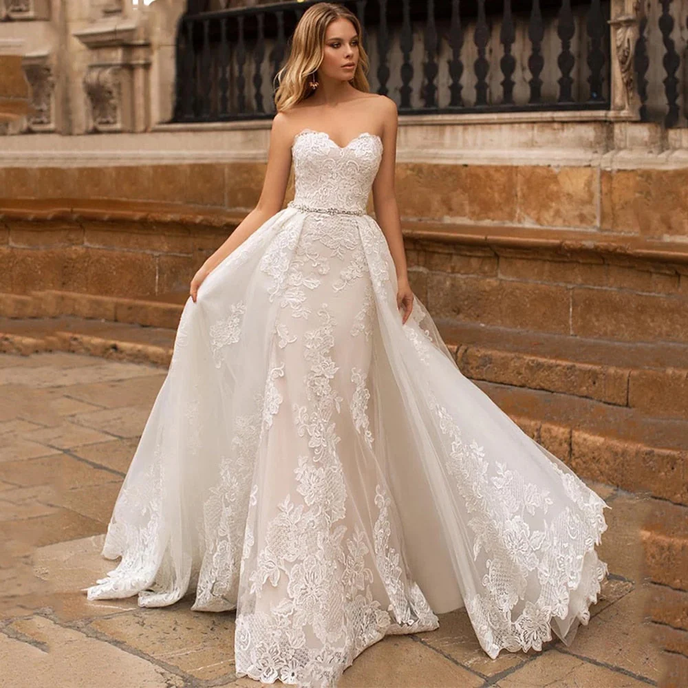 Elegant Wedding Dresses  Sweetheart Neck Sleeveless Lace Appliques Court Train Bridal Gowns Vestido De Novia Custom - Deanwangkt