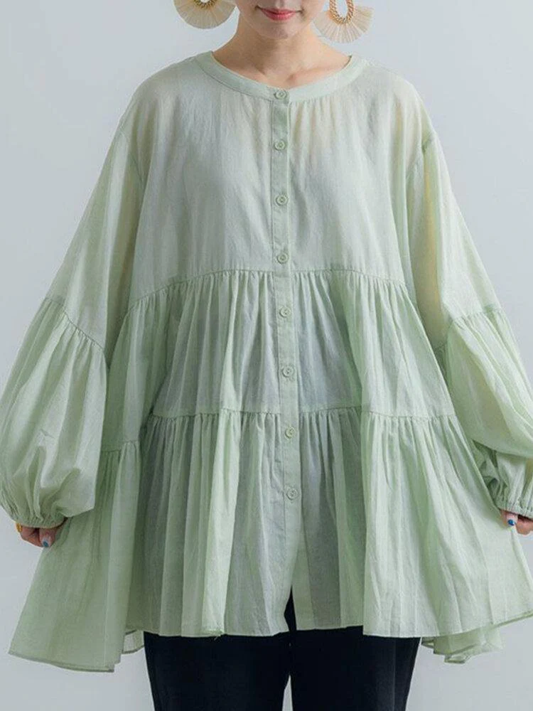 deanwangkt Puff Sleeve Solid Bohemian Retro Style Blouse - Deanwangkt