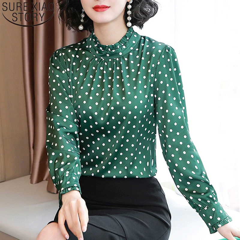 Graduation Gifts  Women Blouses Casual Stand Collar Autumn Fashion Women Shirts Blouses Long Sleeve Polka Dot Women Tops  Fashion Blusas 10589 - Deanwangkt