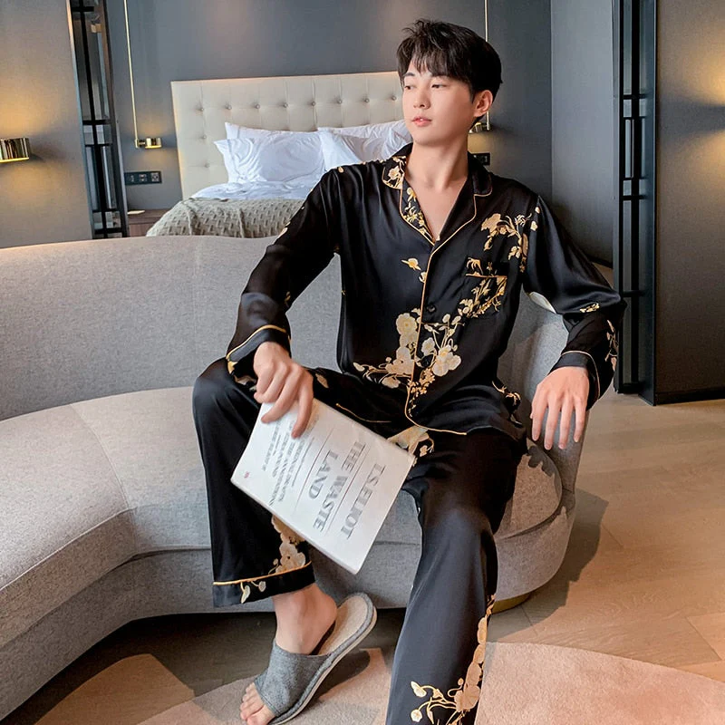 deanwangkt Women's Pajamas Set V Neck Fashion Circle Print Sleepwear Silk Like Nightie Leisure Home Clothes Nightwear Pyjamas Femme - Deanwangkt