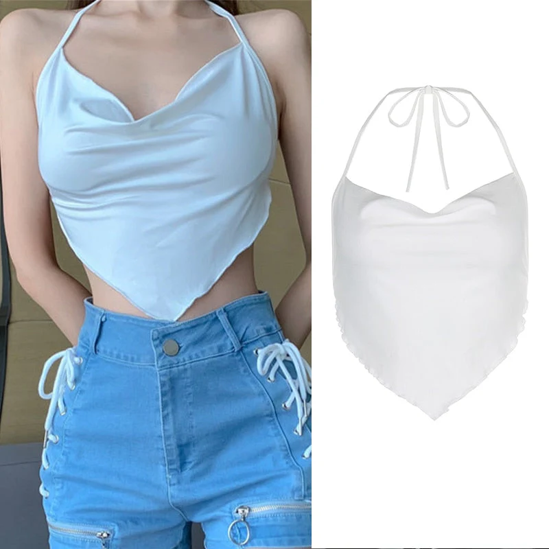 deanwangkt Y2K Bandana Print Halter Tops Women Summer Sleeveless Crop Tops Harajuku Aesthetics Corset Tops Sexy Backless Bandage Camisoles - Deanwangkt