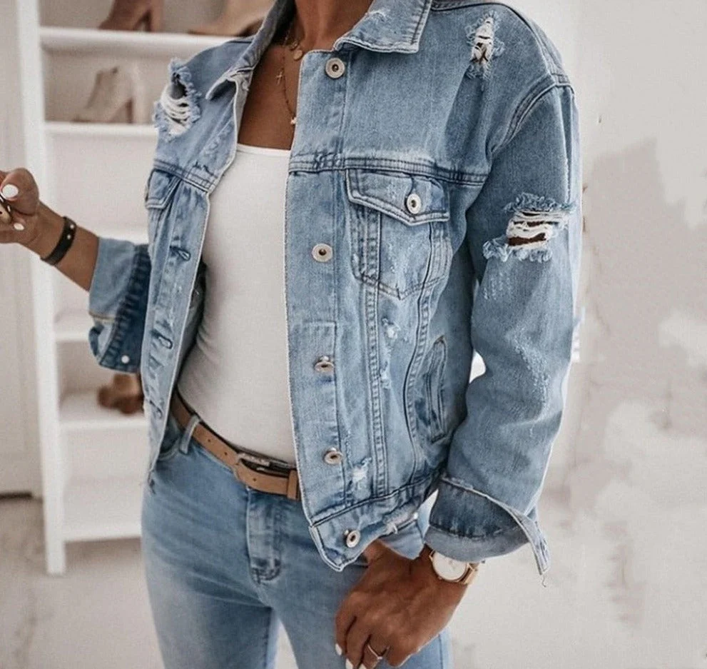 deanwangkt Women's  Casual Short Jean Jacket Sexy Denim Jackets Solid Casual Blue Cowboy Jackets Hole Loose Jean Coats - Deanwangkt