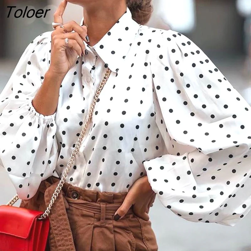 deanwangkt Office Lady White Blouse Shirt Women Polka Dot Lantern Sleeve Women Blouses Tops Oversized Loose Female Shirt Blusas 12372 - Deanwangkt