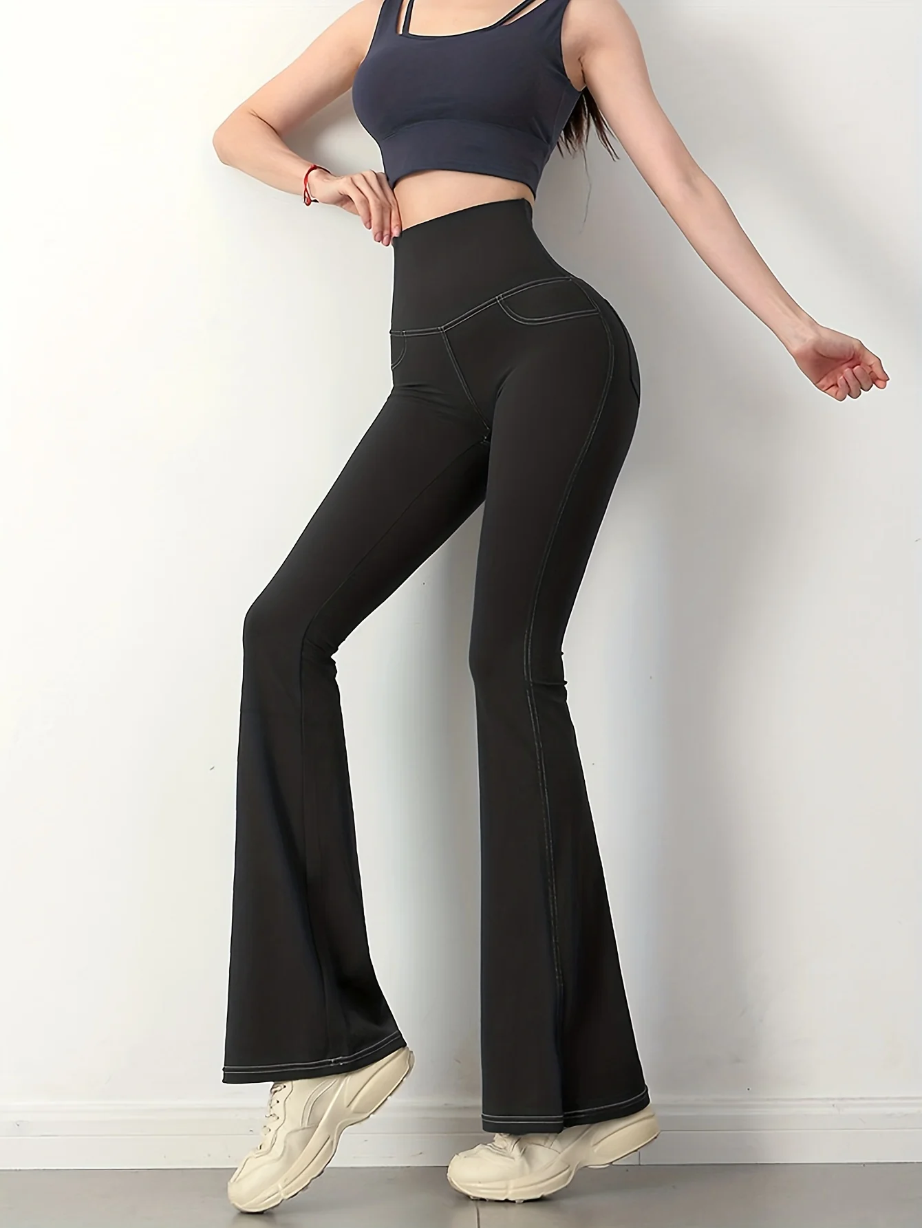 deanwangkt Solid Color Imitation Denim Yoga Pants With Pockets, Sports Fitness Yoga Running Flared Leggings, Women's Clothing - Deanwangkt