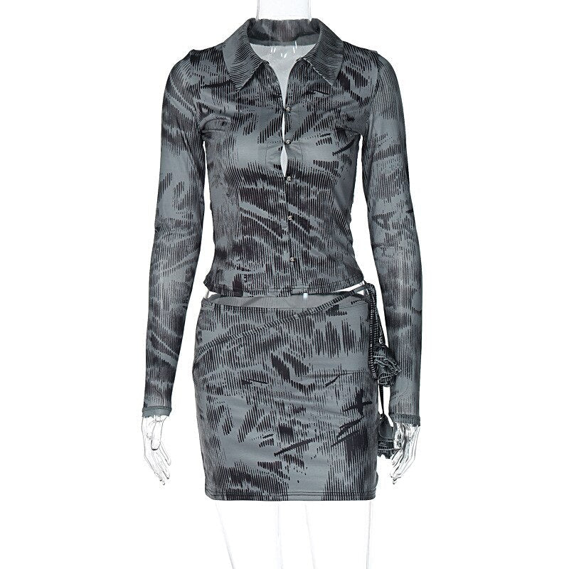 BACK TO COLLEGE    Casual Fashion Girls Two Pieces Set Y2K Streetwear  Fall Single Breasted Print Cardigan Tops+Package Hip Mini Skirts Suit - Deanwangkt