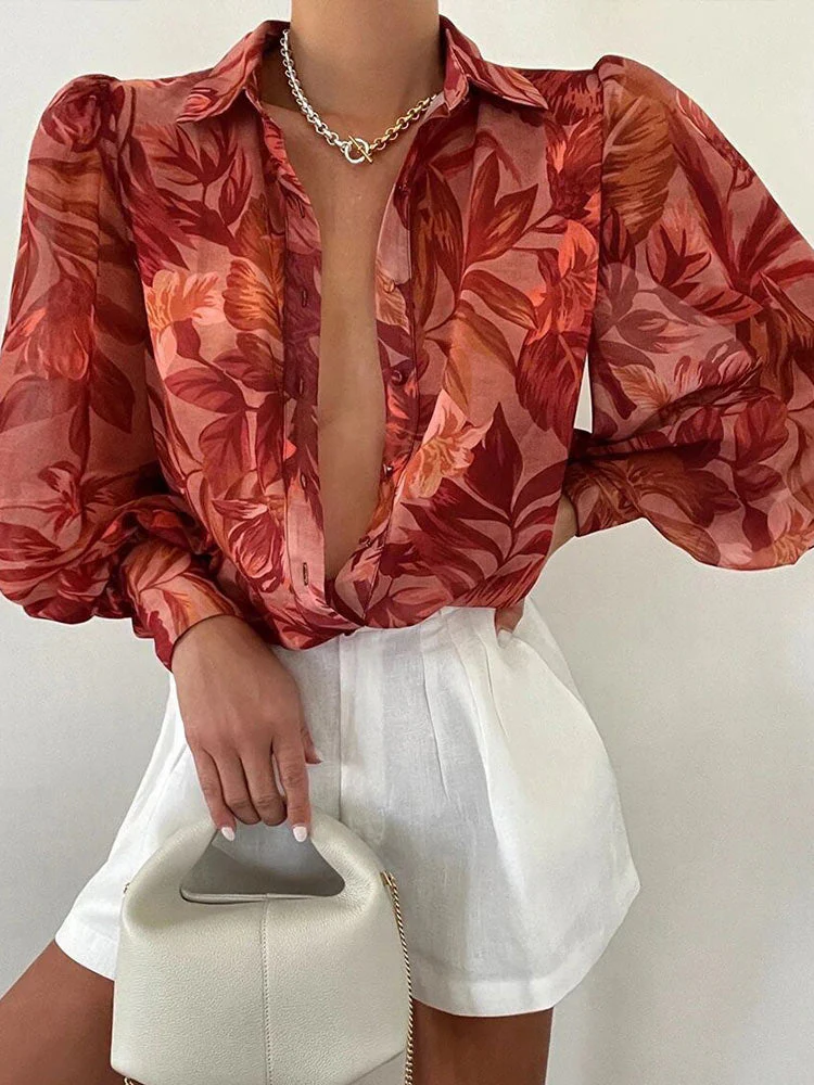 deanwangkt Women's Floral Print Puff Sleeve Shirt Female Elegant Casual V Neck Shirts Spring Summer Fashion Office Ladies Tops Blouses - Deanwangkt