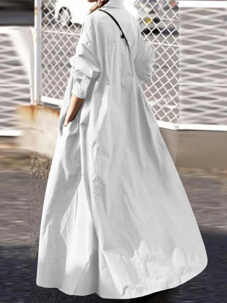 deanwangkt Women Solid Color Turn-down Collar Long Sleeve Button Casual Shirt Dresses With Pocket - Deanwangkt