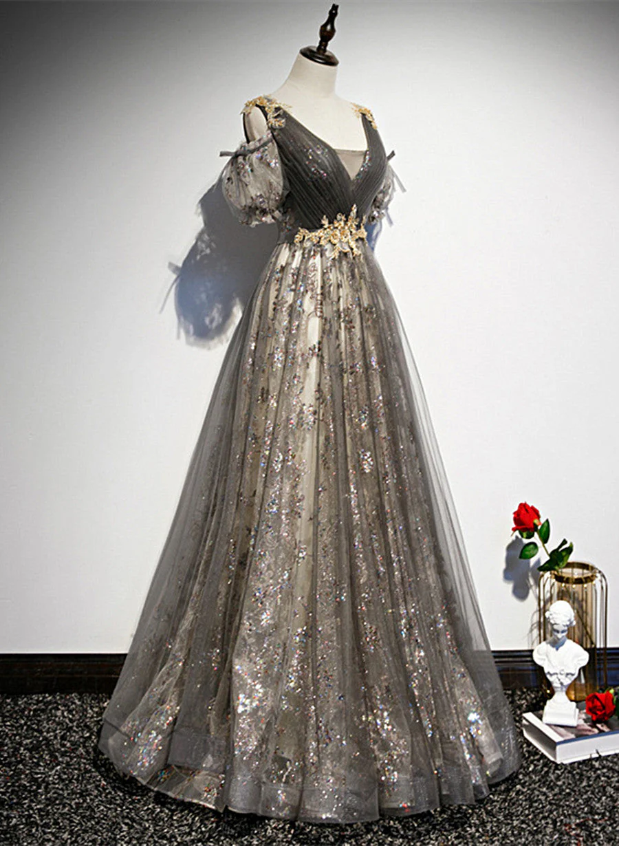 Solvbao Grey Purple V-neckline Tulle with Lace Prom Dress, Off Shoulder A-line Party Dress - Deanwangkt