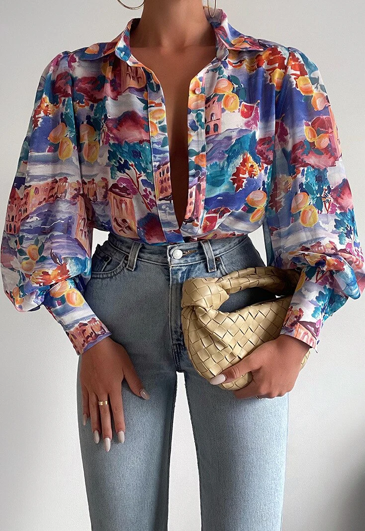 deanwangkt Spring Fashion Shirt Women's Blouses Elegant V-neck Print Puff Sleeve Office Shirts Female Summer New Formal Ladies Top - Deanwangkt