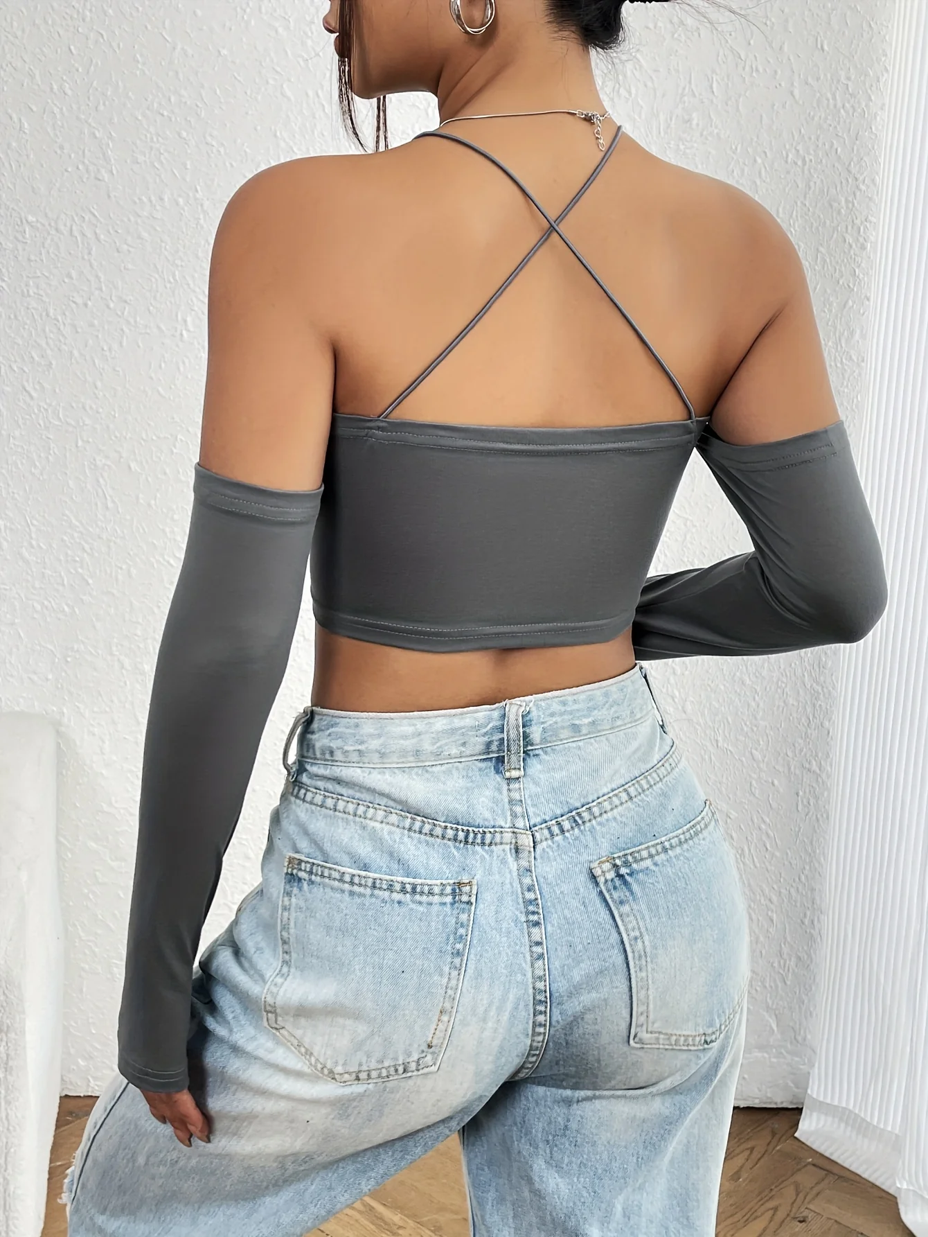 deanwangkt  Kpop Solid Crop Top With Arm Sleeves, Crisscross Backless Y2K Top, Women's Clothing - Deanwangkt