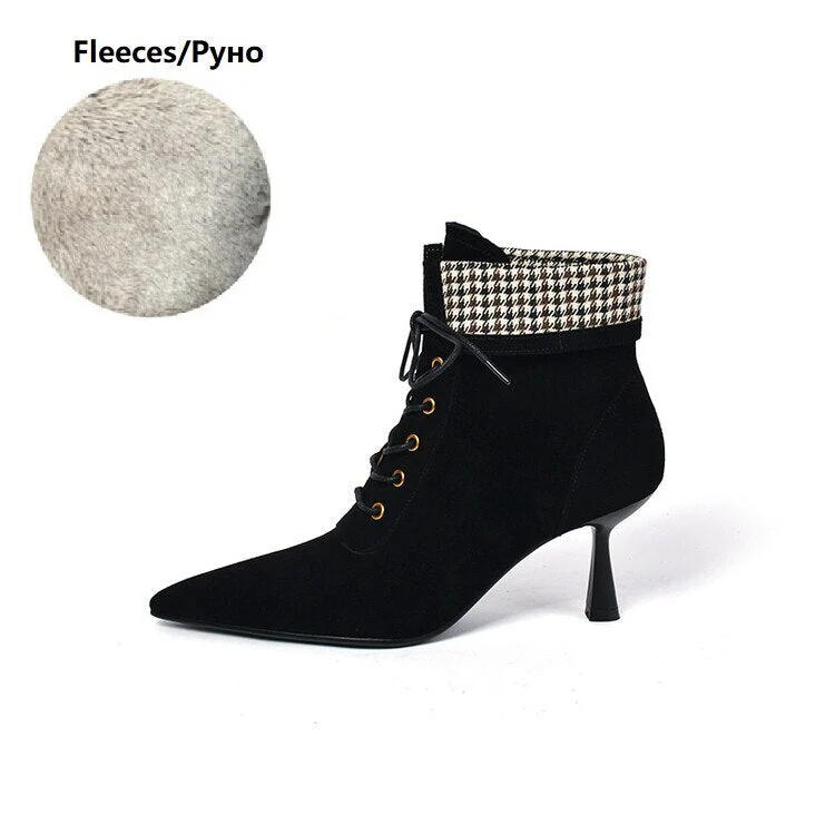 deanwangkt Autumn Boots   NEW Fall Shoes Women Pointed Toe High Heel Shoes Sheep Suede Thin Heel Shoes Plaid Ankle Boots Women Mature Lace-up Modern Boots - Deanwangkt