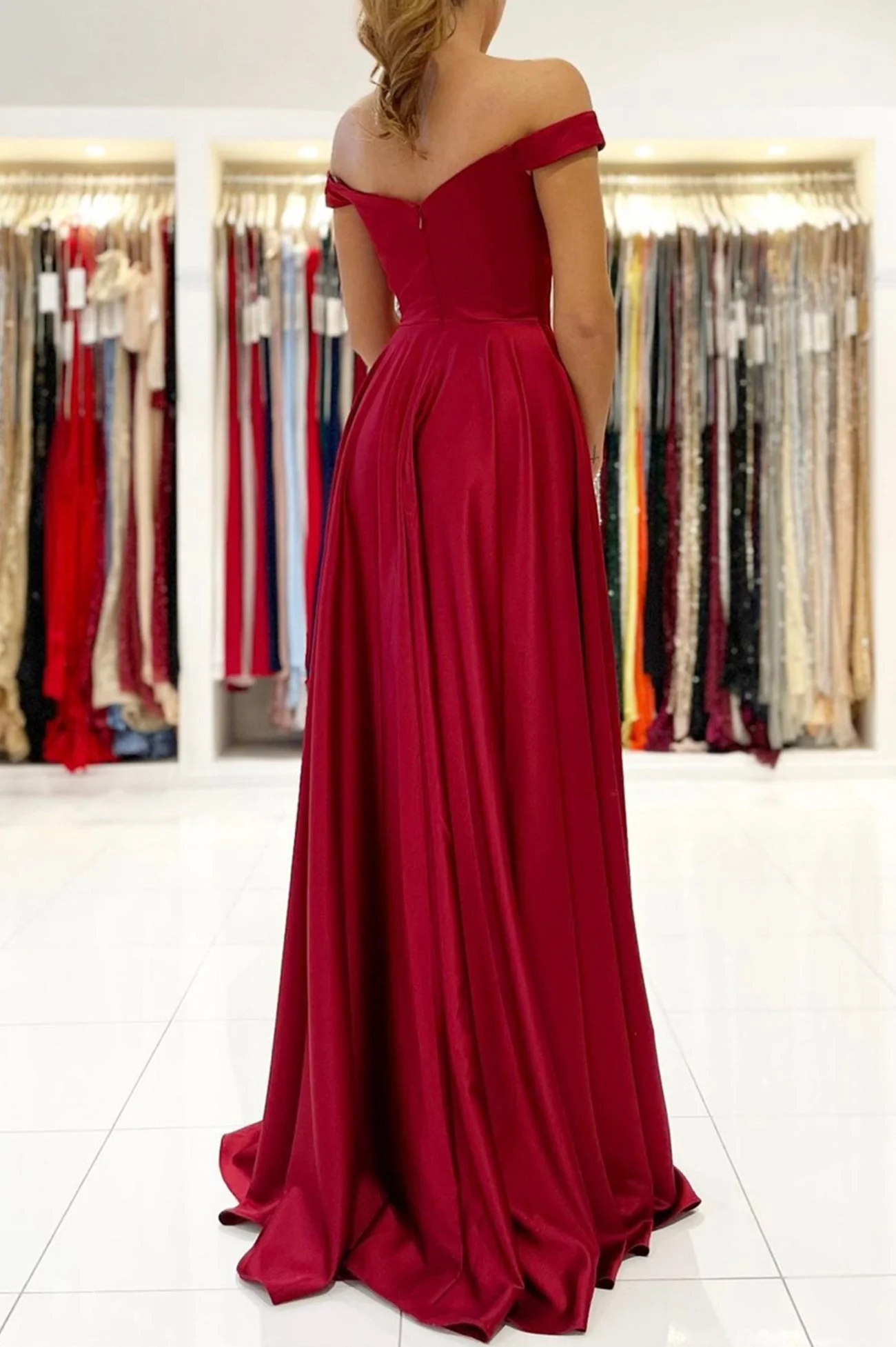 solvbao Burgundy Satin Long Prom Dresses, A-Line Off the Shoulder Evening Dresses - Deanwangkt