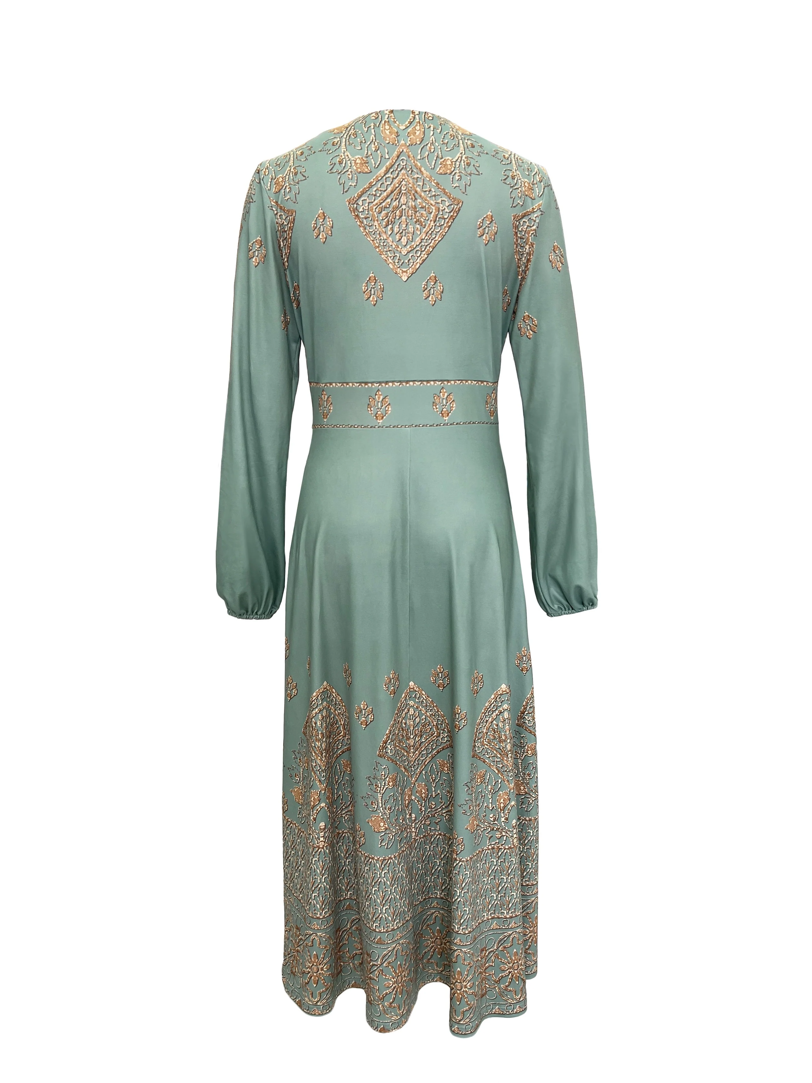 Ethnic Graphic Print Dress, Elegant V Neck Long Sleeve Dress, Women's Clothing - Deanwangkt