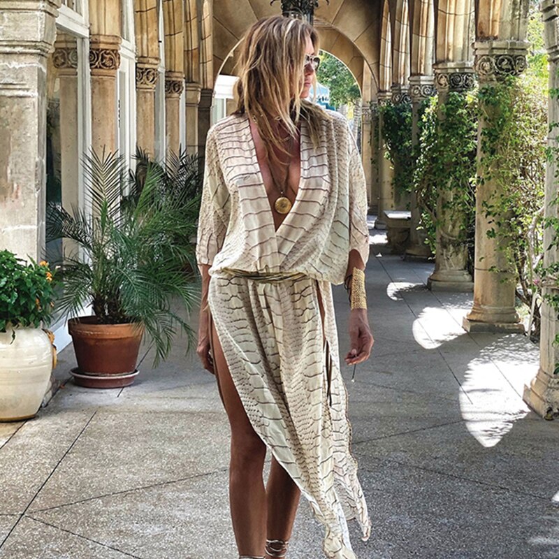 deanwangkt Sunforyou Chiffon Beach Cover up Print Tiger Striped Kaftan Tunic Swimsuit Cover up Plus Size Pareo Pants Beach Kimono Beachwear - Deanwangkt