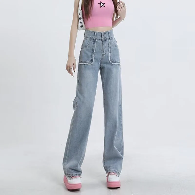 deanwangkt High End Denim Women's Summer Raw Edge Stitching Design For Lifting Buttocks And Slimming Straight Wash Pants - Deanwangkt