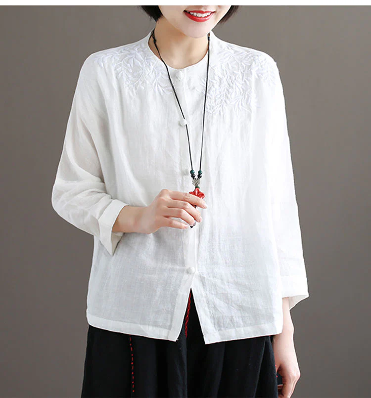 deanwangkt Shirts Women Long sleeve Linen Button Up Shirt Cotton Embroidery Vintage 4XL Plus Size Ladies Tops Blouse O neck Casual White - Deanwangkt