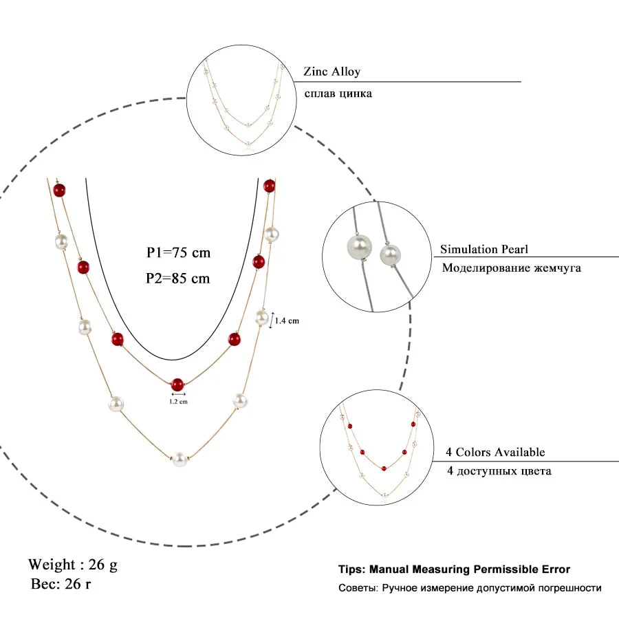DEANWANGKT 4 Colos Red Simulated Pearl Necklace Women Long Chain Multilayer Choker Necklace Jewelry Trendy Sweater Accessories - Deanwangkt