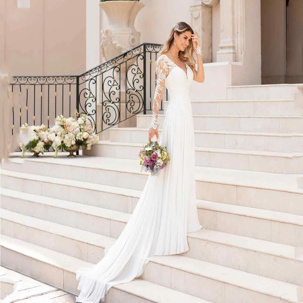 Elegant Long Sleeve A-Line Wedding Dresses  Lace Appliqued Long Sleeves Bride Dress Sweep Train Bridal Gown Vestido De Novia - Deanwangkt
