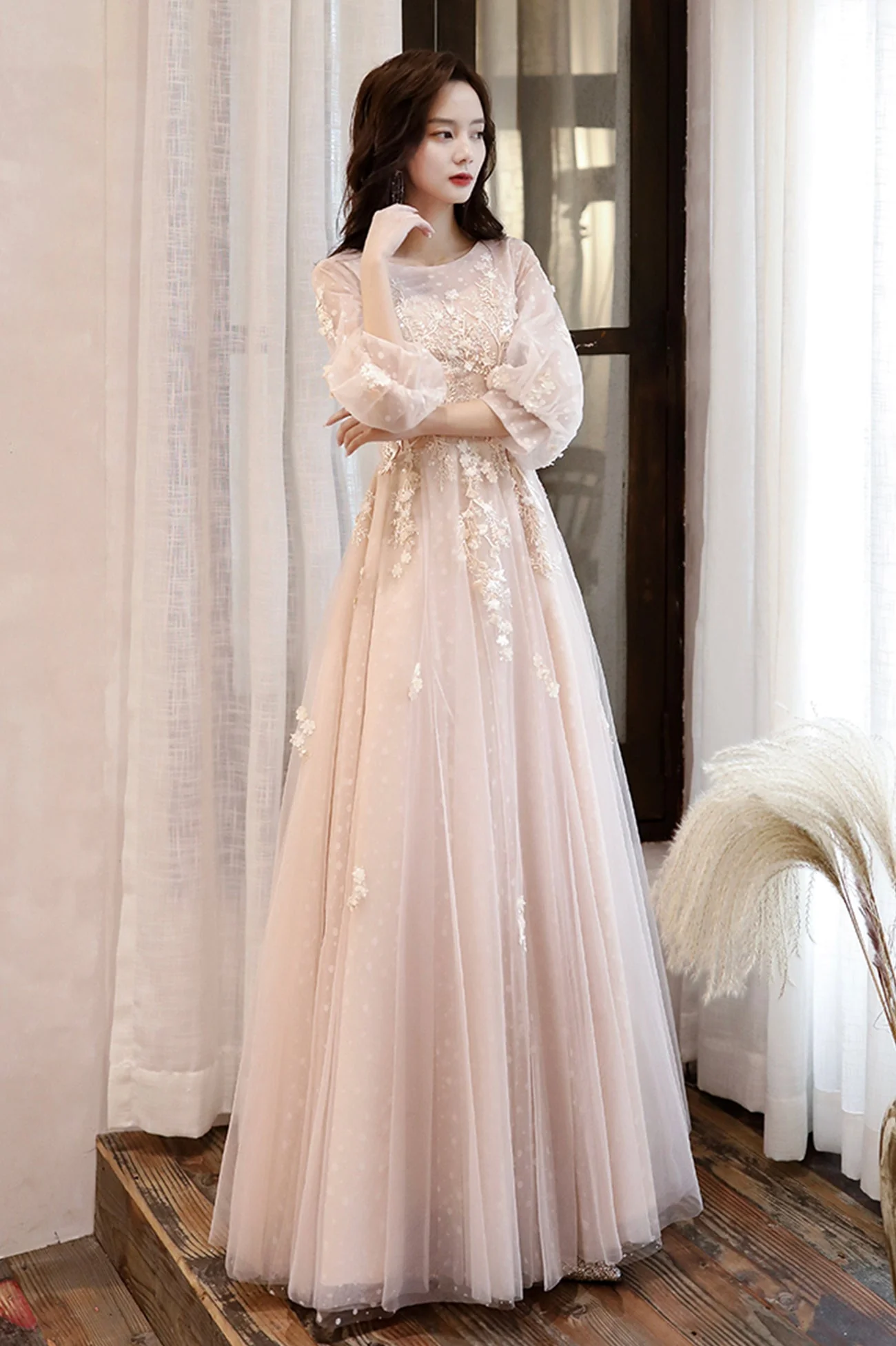 solvbao Pink Tulle Lace Long A-Line Prom Dresses, Long Sleeve Evening Dresses - Deanwangkt