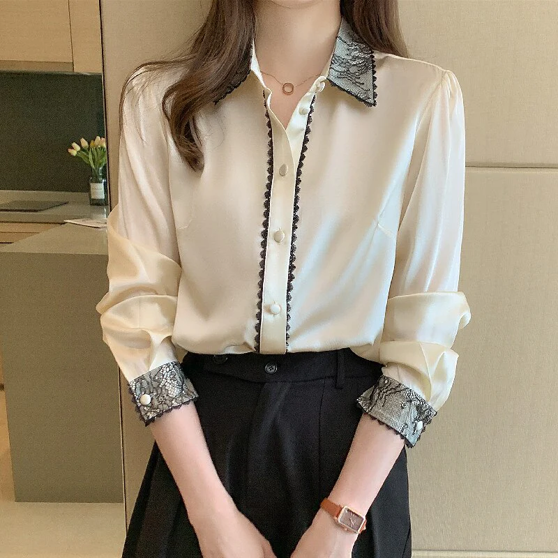 deanwangkt elegant lace shirts office ladies Women's Blouses  Spring Autumn Long Sleeve Shirts Tops Blusas Mujer - Deanwangkt