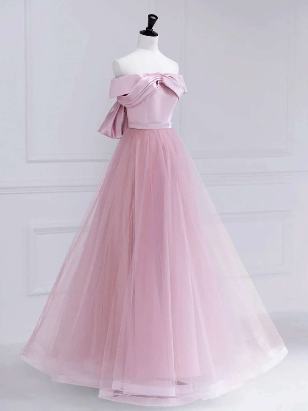 solvbao Pink Satin Tulle Long Prom Dress, Pink Off Shoulder Evening Dress - Deanwangkt