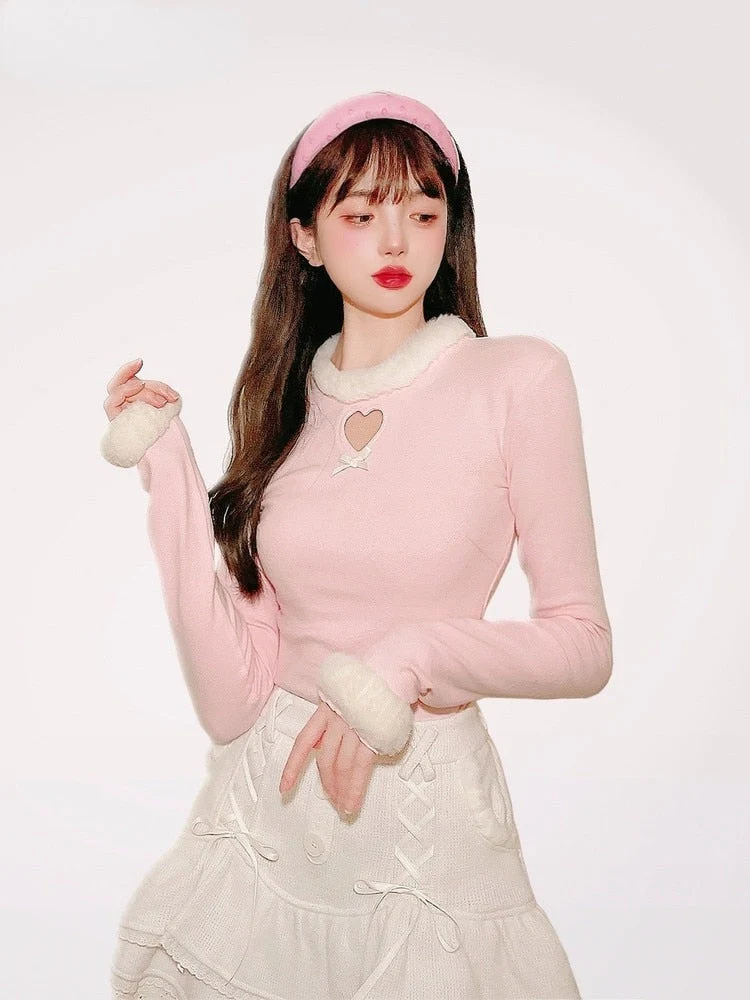 Japanese Pink Sweet Lolita Blouse Women Winter Warm Kawaii Knitted Blouse Female Long Sleeve Tops Korean Style Clothing  New - Deanwangkt