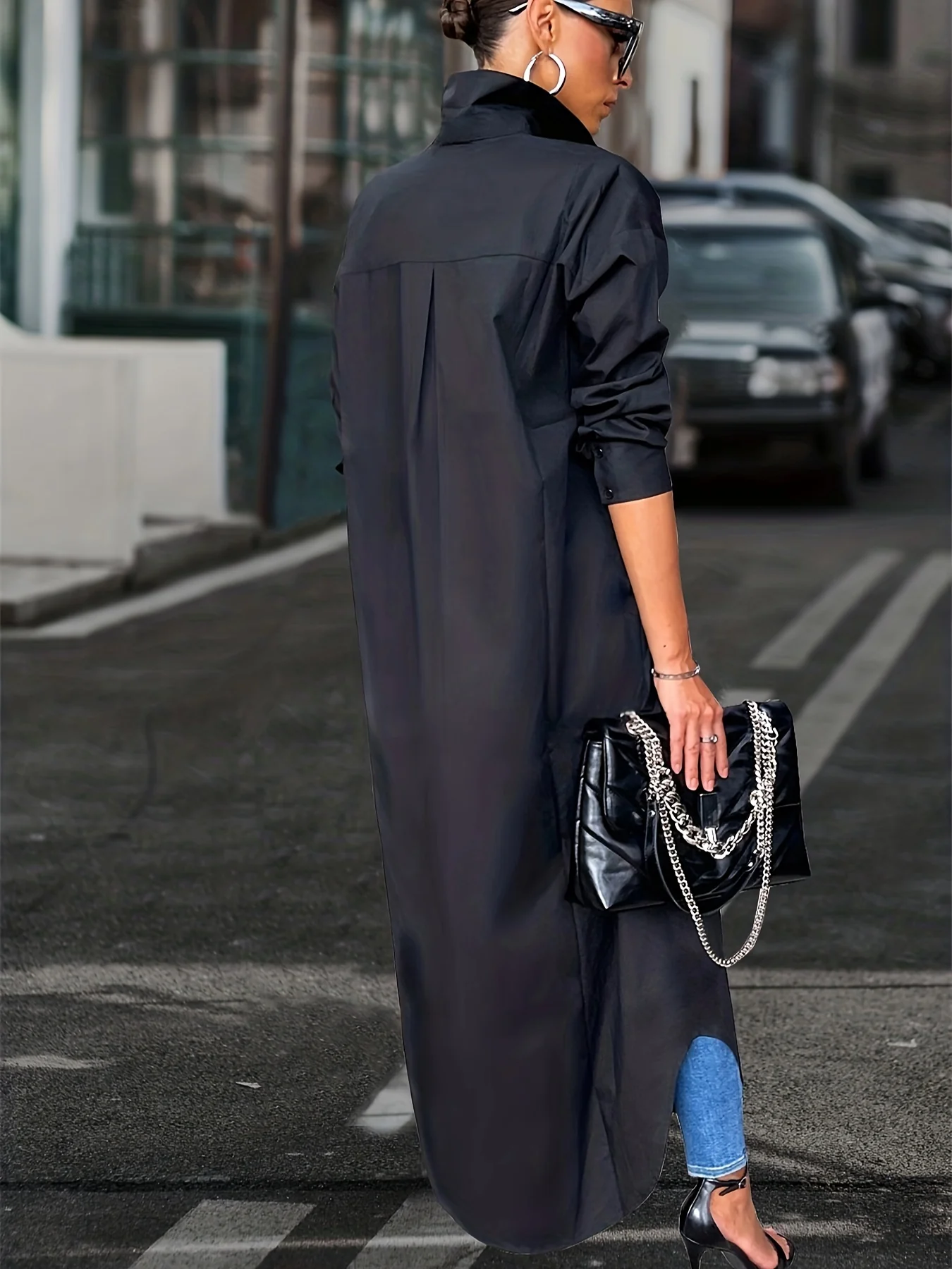 Button Front Long Length Shirt, Casual Long Sleeve Solid Shirt, Women's Clothing - Deanwangkt