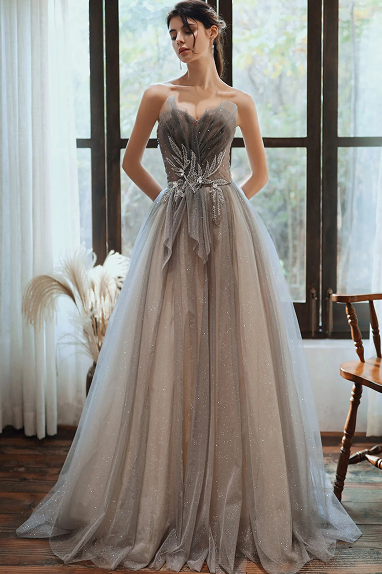 solvbao Gray Tulle Strapless Long Prom Dresses, A-Line Formal Evening Dresses - Deanwangkt