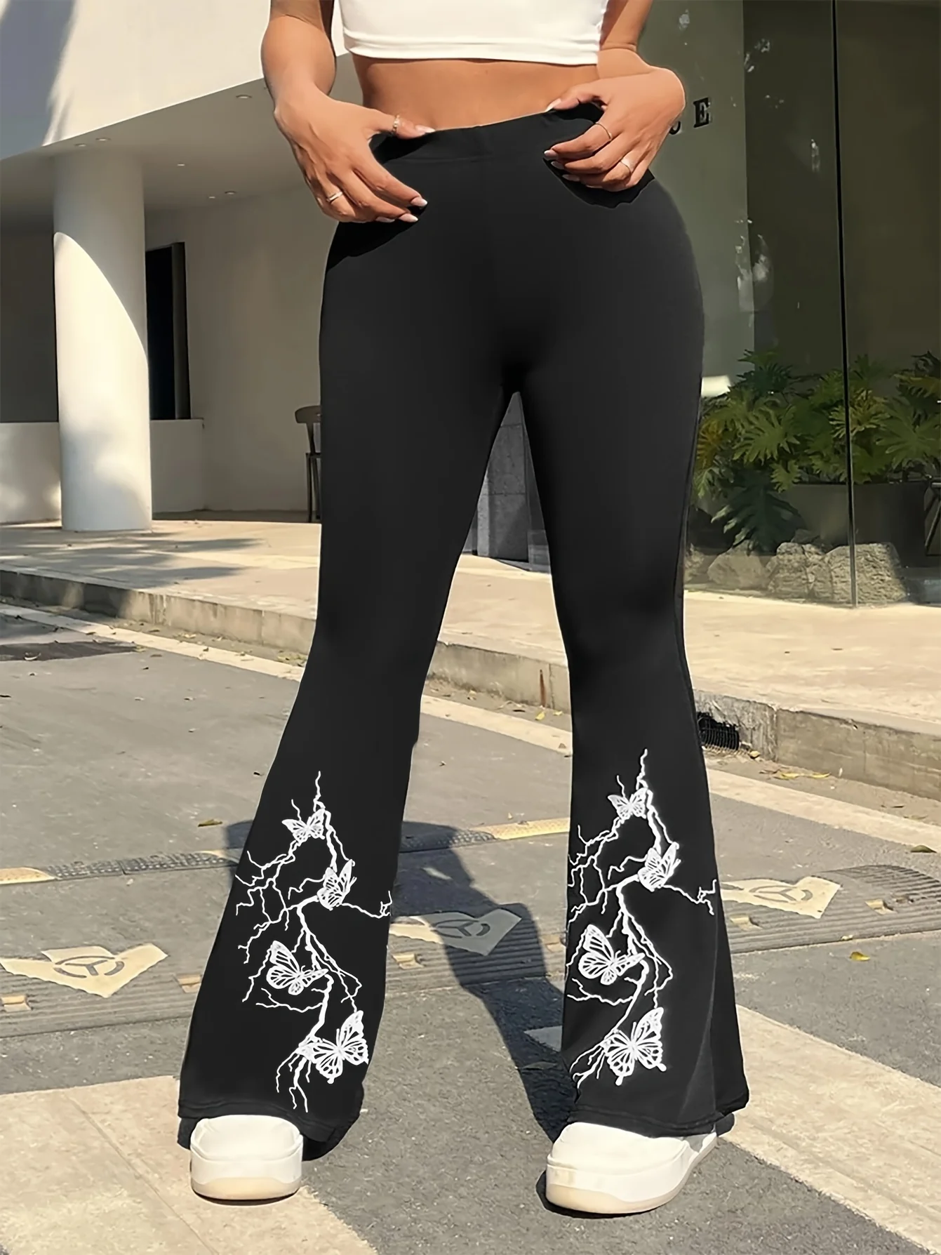 deanwangkt-1 Butterfly Print Flared Leg Pants, Casual High Waist Stretchy Pants, Women's Clothing - Deanwangkt