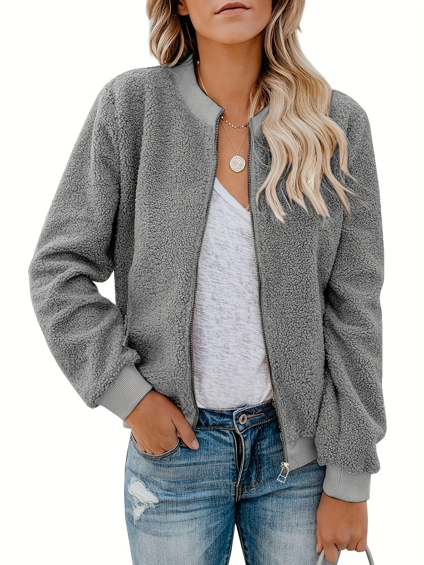 deanwangkt-1  Zip Up Fuzzy Jacket, Casual Long Sleeve Solid Versatile Outerwear, Women's Clothing - Deanwangkt