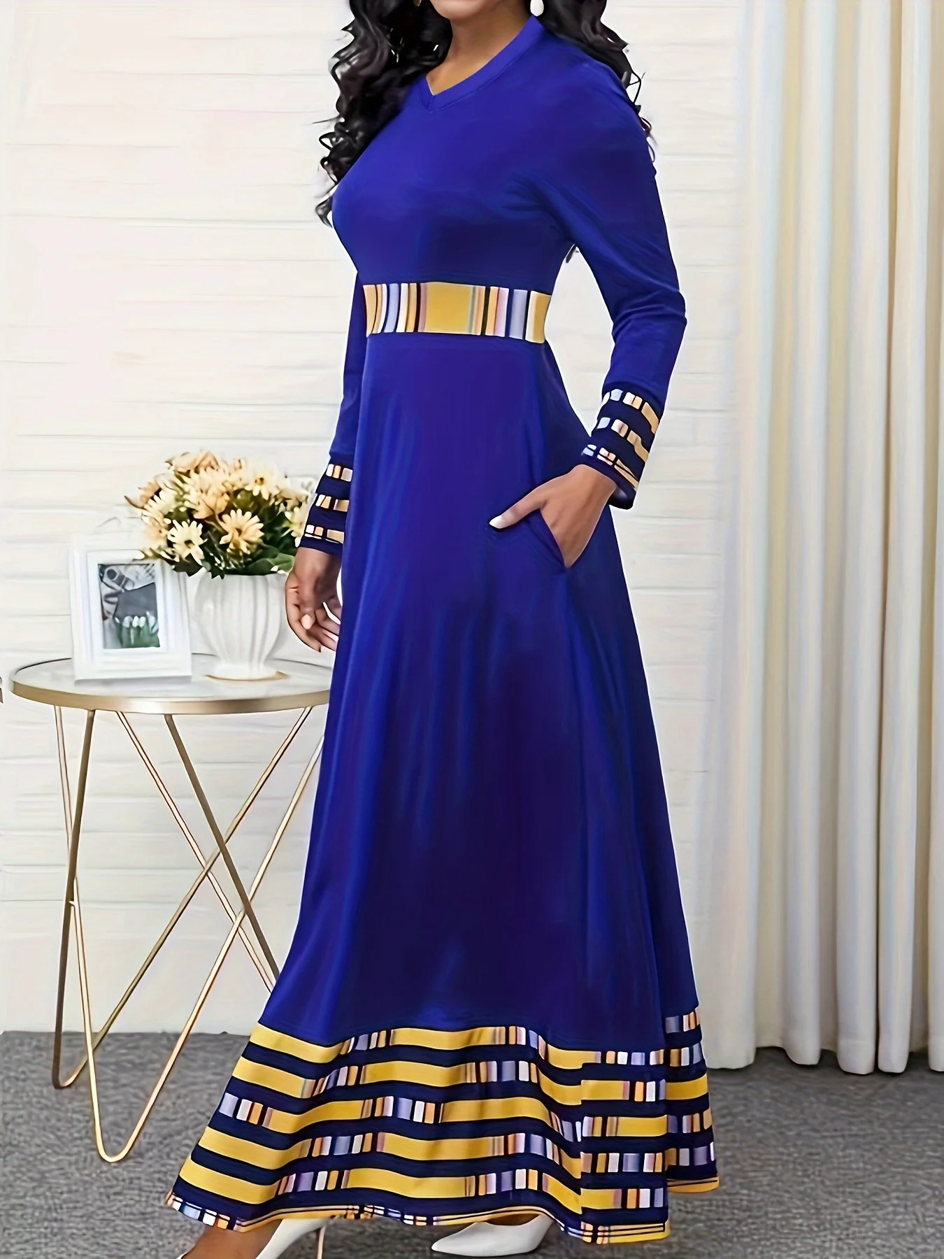 Plus Size Casual Dress, Women's Plus Geometric Print Long Sleeve V Neck Medium Stretch Pron Maxi Dress With Pockets - Deanwangkt