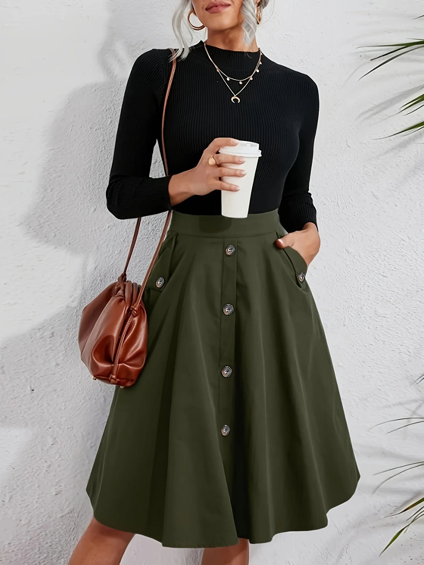 deanwangkt-1 Solid Button Front Pocket Ruffled Hem Skirts, Elegant Loose High Waist Flared Skirts, Women's Clothing - Deanwangkt