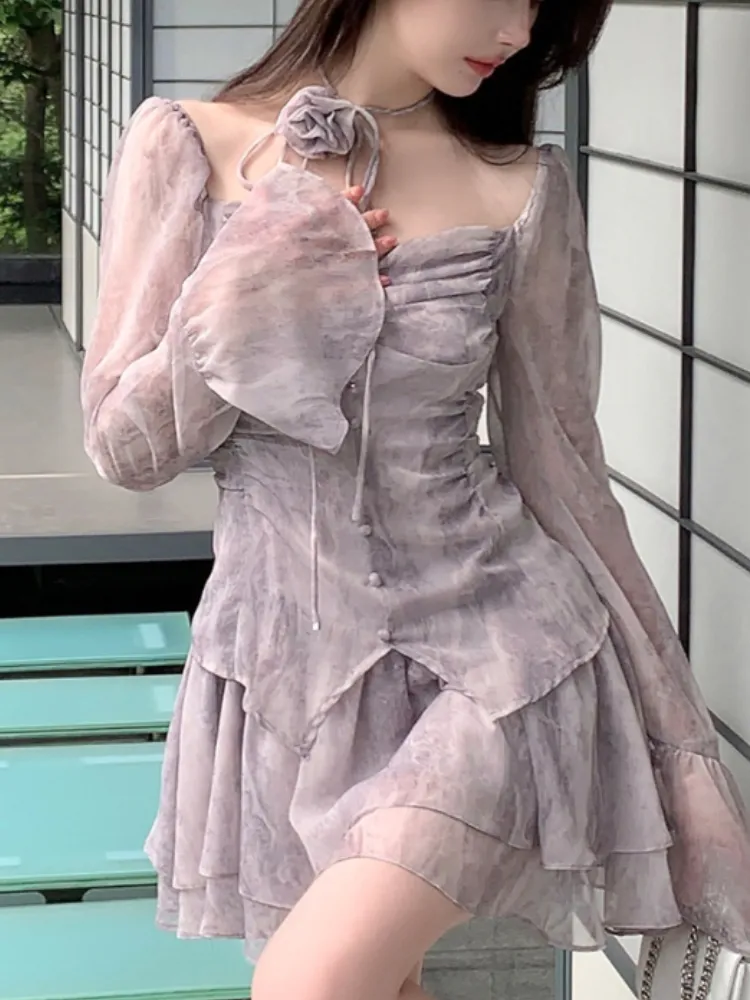 deanwangkt Summer Floral Print Fairy Dress Women Korean Style Elegant Party Mini Dress Female Ruffle Flounce Vintage Designer Dress - Deanwangkt