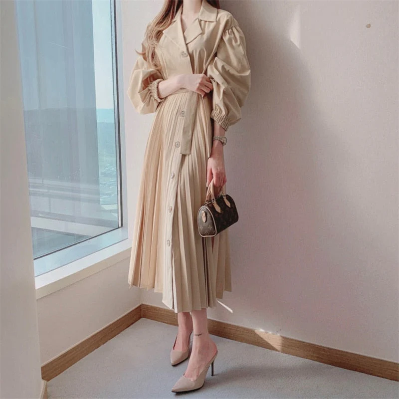 Joskka Korean Women Elegant Lapel Single Breasted Bandage Pleated Dress Vintage Long Lantern Sleeve Autumn New Hoco Dress - Deanwangkt