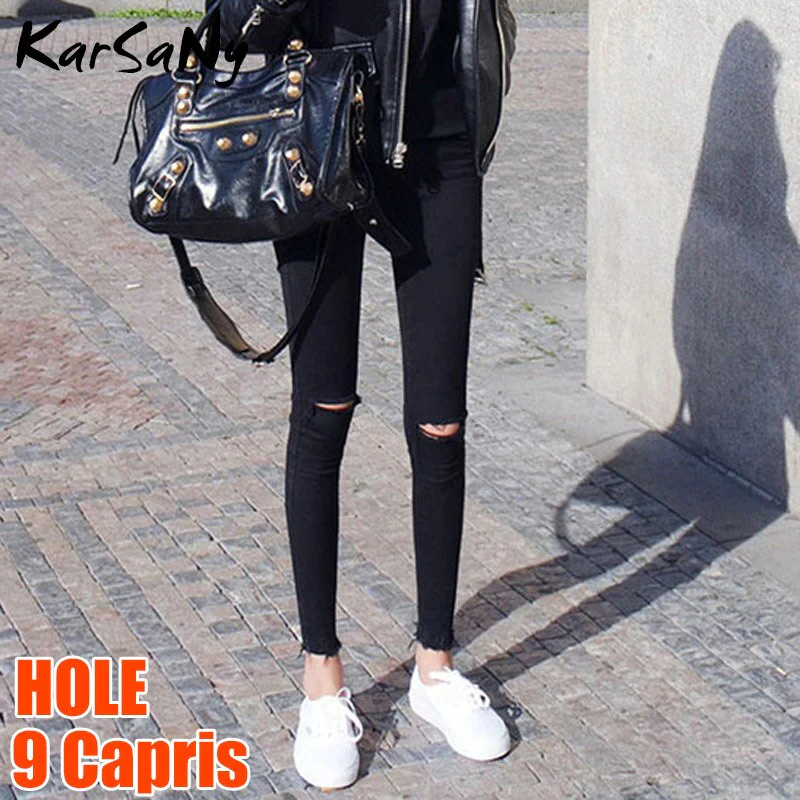 Back To School Skinny Ripped Jeans For Women  Stretch High Waist Black Jeans With Holes Destroyed Women Denim Pants With Holes Summer Jean - Deanwangkt