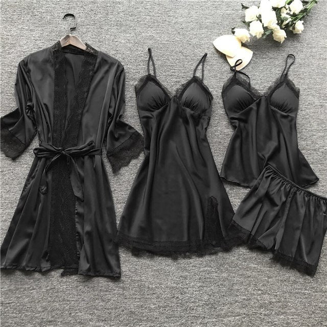 deanwangkt 4 Pieces  Women Pajamas Sets Satin Sleepwear Silk Nightwear Pyjama Soild Strap Lace Sleep Lounge Pijama With Chest Pads - Deanwangkt