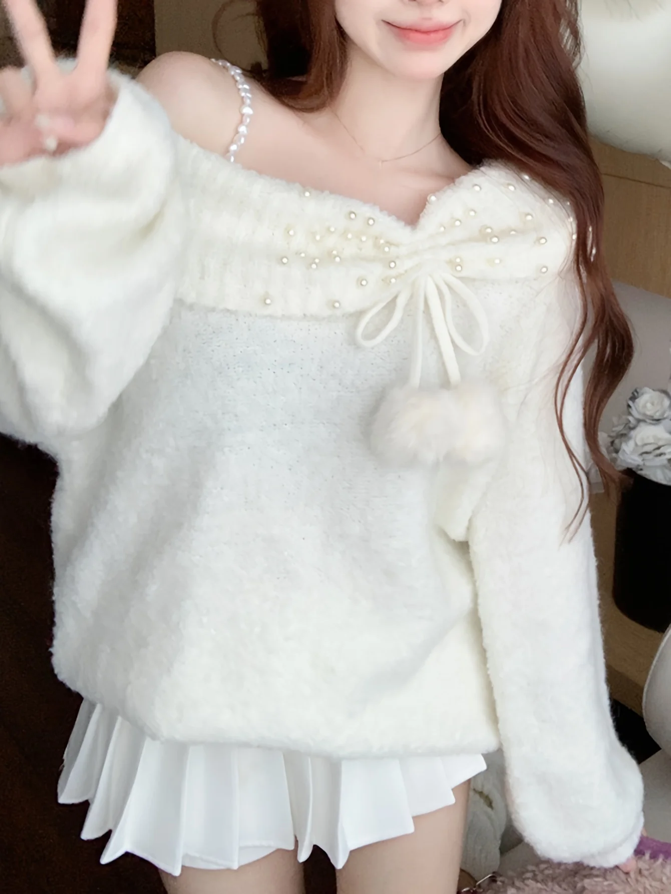 deanwangkt Asymmetric Shoulder Chain Strap Sweater, Chic Long Sleeve Beaded Sweater For Fall & Winter, Women's Clothing - Deanwangkt