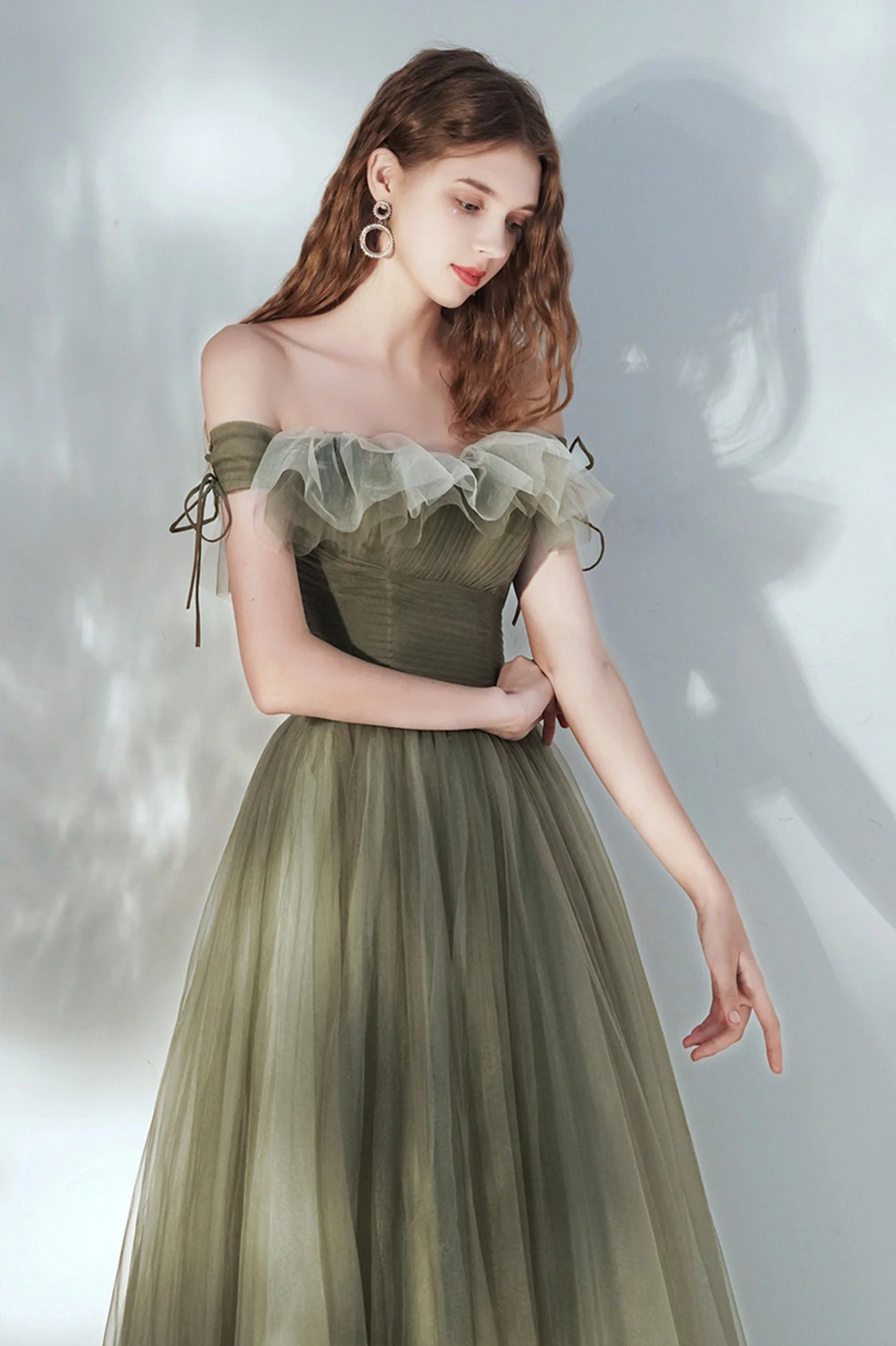 solvbao Green Tulle Long Prom Dress, A-Line Off the Shoulder Evening Dress - Deanwangkt