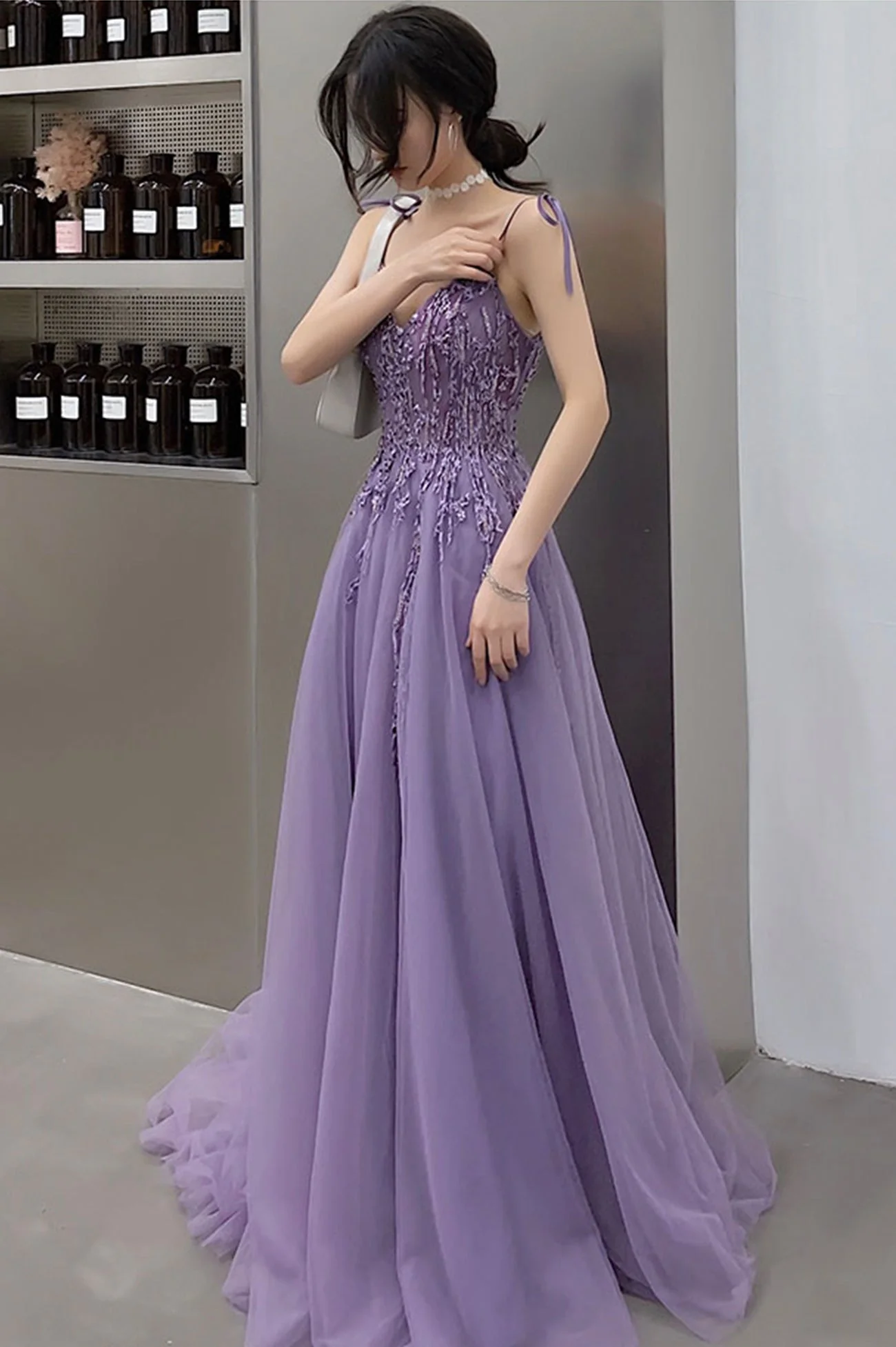 solvbao Purple Lace Long Prom Dresses, A-Line Purple Evening Graduation Dresses - Deanwangkt